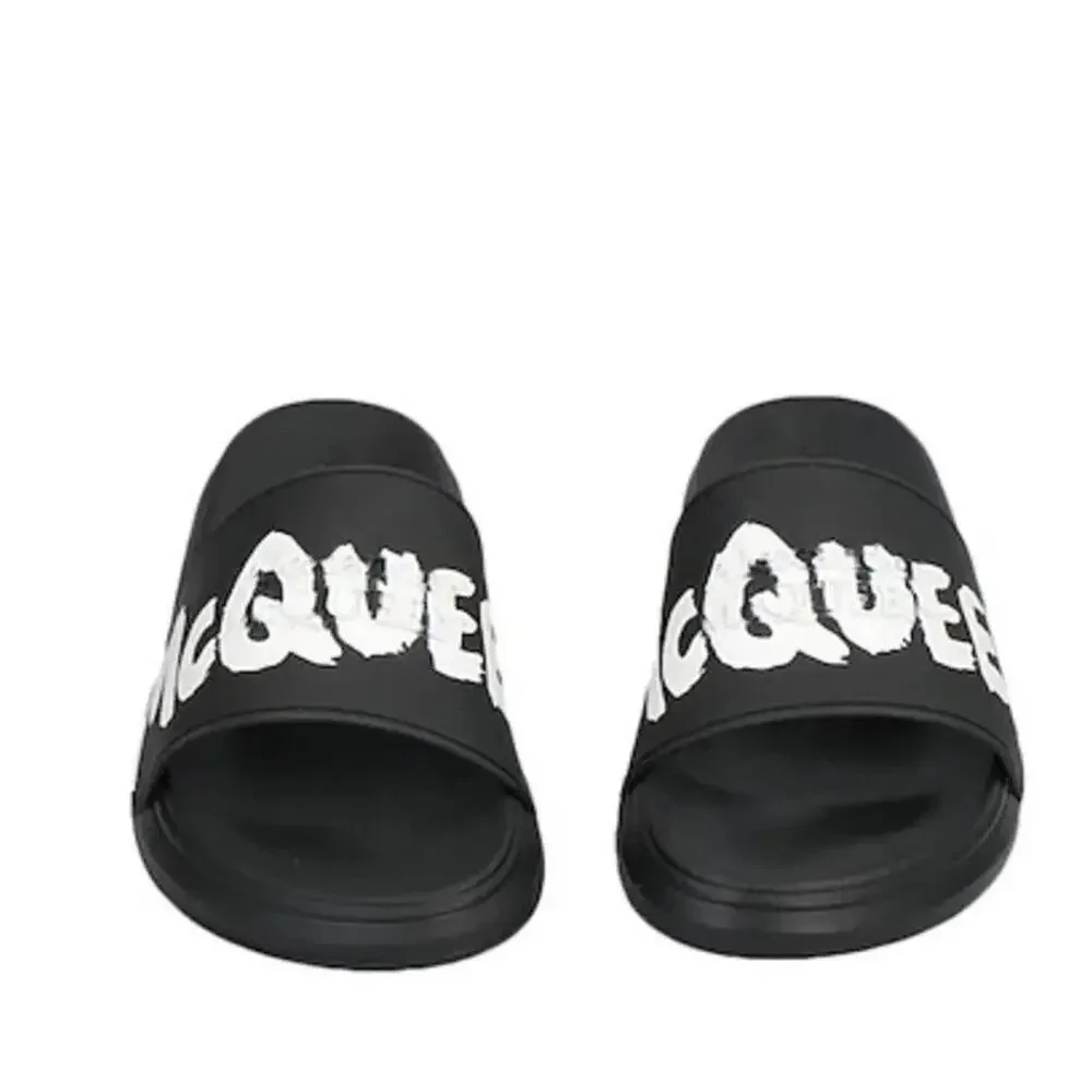 $350 Alexander McQueen Graffiti Rubber Pool Slides Black White Sandals Size 43.5